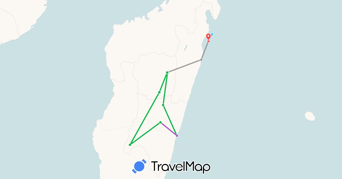 TravelMap itinerary: driving, bus, plane, train, hiking, boat in Madagascar (Africa)